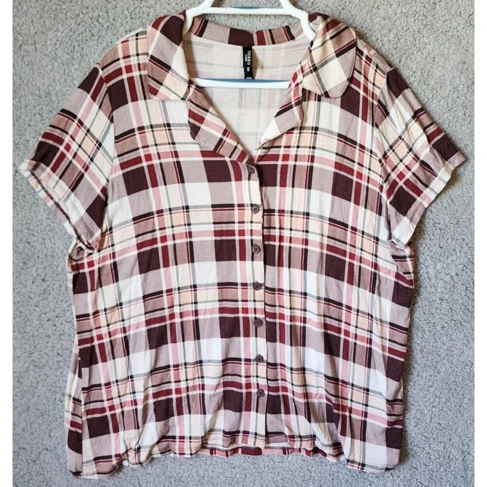 Torrid‎ Sleep Women's Short sleeve Button Up Collared Top Red Plaid Plus Size 1X
